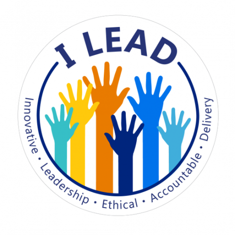 image of hands with the ILEAD acronym (Innovation, Leadership, Ethical, Accountable, Delivery)